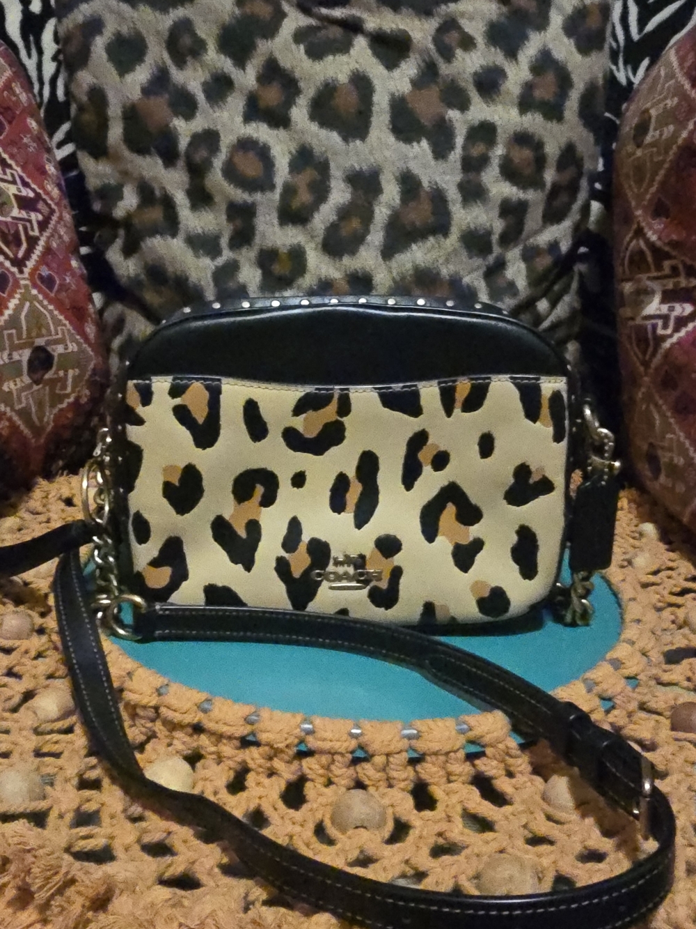 Coach Jamie Leopard Camera Bag Gold Chain Strap Black Trim Studs